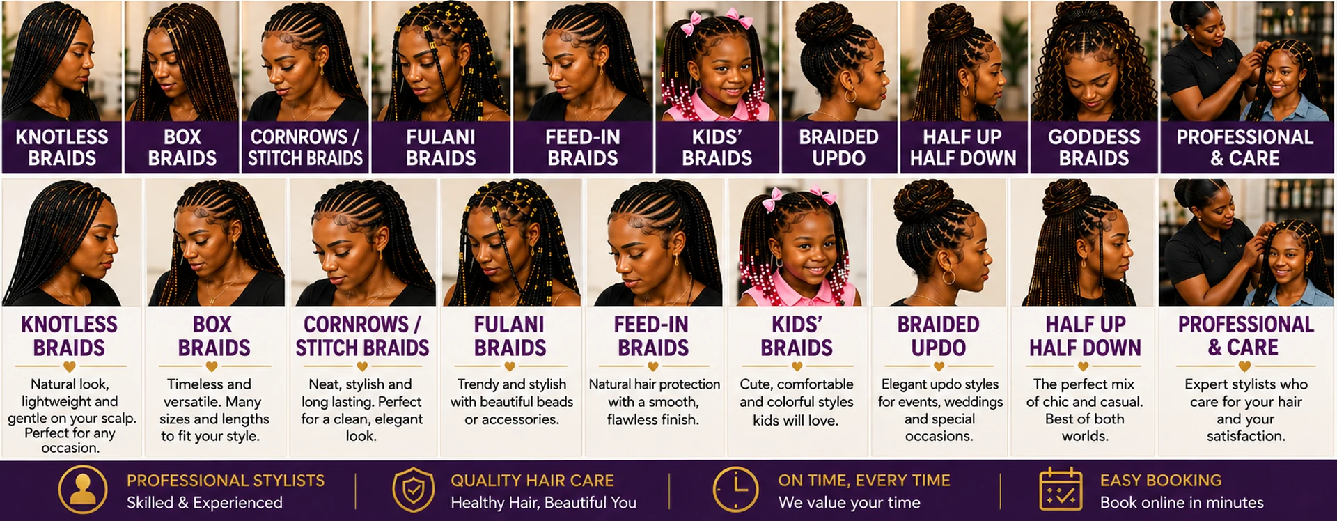 Service board showing knotless braids, box braids, cornrows and stitch braids, Fulani braids, feed-in braids, kids’ braids, braided updo, half up half down, goddess braids, and professional care