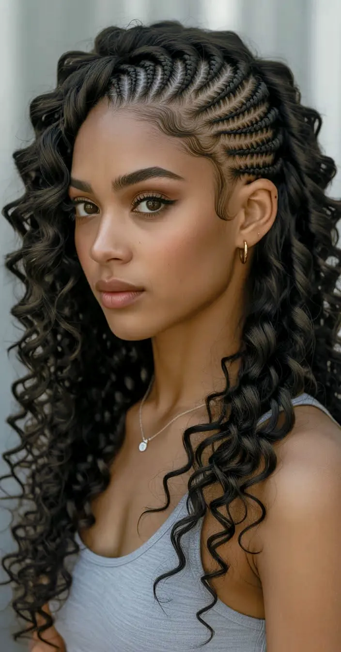 Straight-back cornrows with deep-wave ends