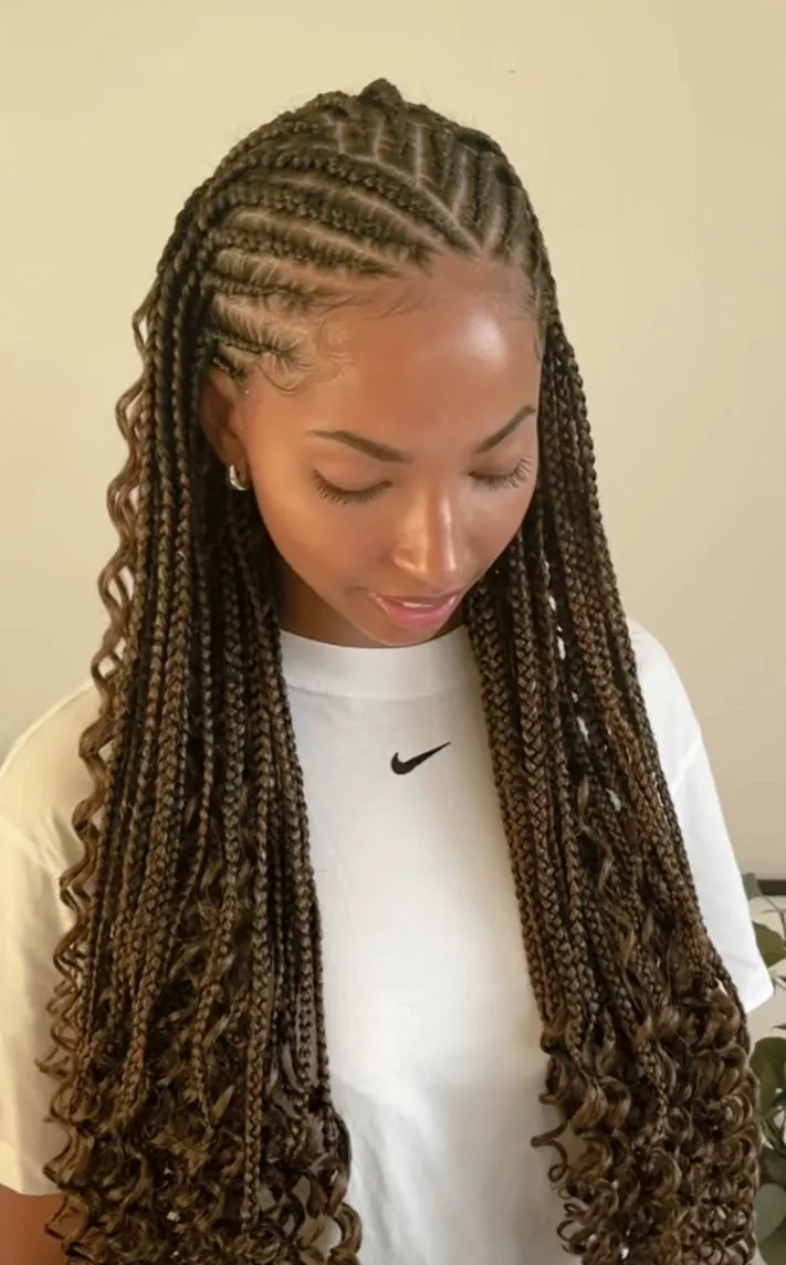 Knotless braids finished with curled ends