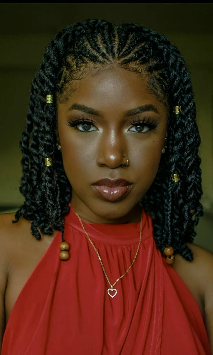 Shoulder-length twists finished with wooden beads